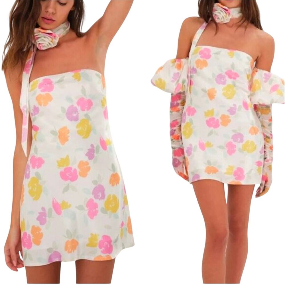 For Love & Lemons Hazel Mini Dress NWT XS Strapless Revolve Floral Puff Gloves